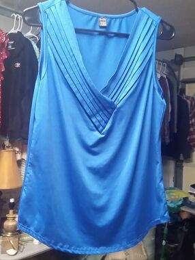 Sleeveless Blue Pleated V-Neck Women's Top